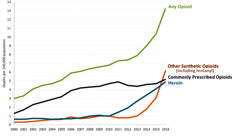Graph showing deaths per 100,000 population (y axis) versus year (from 2000 to 2016; x axis) for the following categories: any opioid; other synthetic opioids (including fentanyl); commonly prescribed opioids; and heroin. Rates in all of the categories have increased from 2000 to 2016.