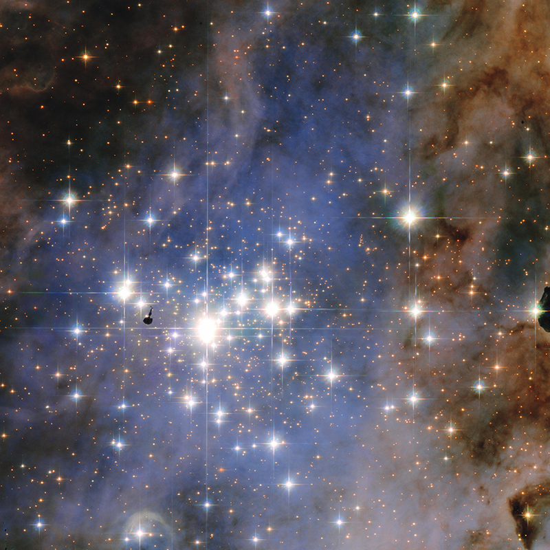 a region of star birth marked by blue stars