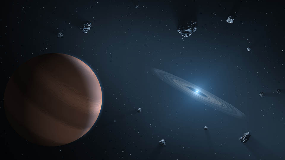 Artist's impression of a debris disk encircling a white dwarf star at right. Fragments of asteroids are also visible, as is an exoplanet at left. Stars dot the background.