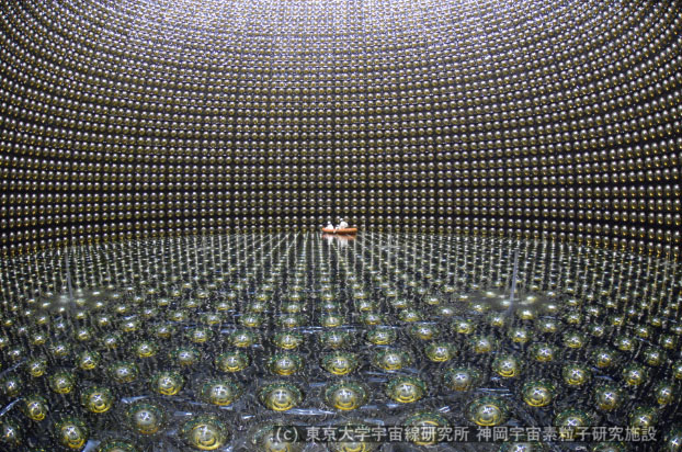 interior of Super-Kamiokande detector chamber, studded with round light sensors and with two white lab-coated humans paddling in a small orange raft in the background atop a thin layer of water on the floor of the detector chamber