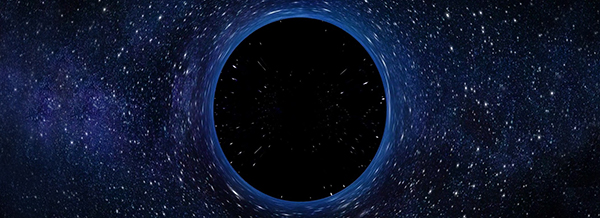 an illustrated starfield with a dark circle in the center where star points are elongated, indicating their light being warped by the intense gravity of a black hole