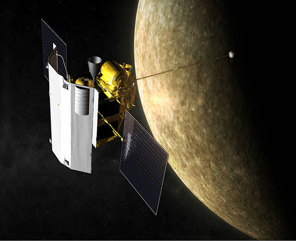 illustration of the MESSENGER spacecraft in center-left in orbit around Mercury, seen as a brownish, crated world in the background