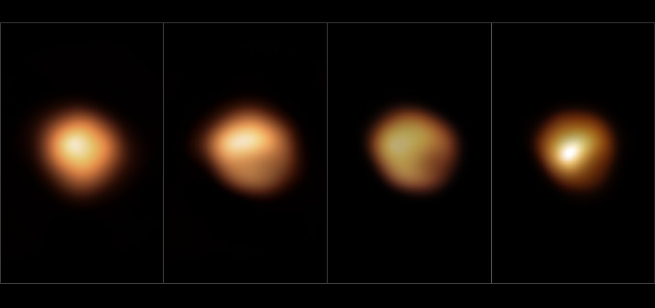 four images of Betelgeuse from left to right, with the star looking like a fuzzy, blurry, orange blob, and appearing dimmer and with dark patches progrssively from left to right