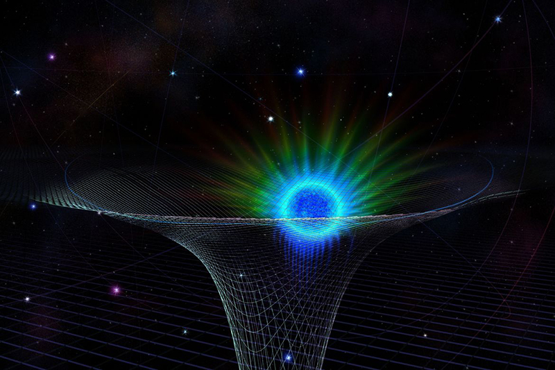 Illustration of a spacetime distorted into a funnel shape by a black hole's gravity, with a blue star shining in the mouth of the funnel, representing the star S0-2