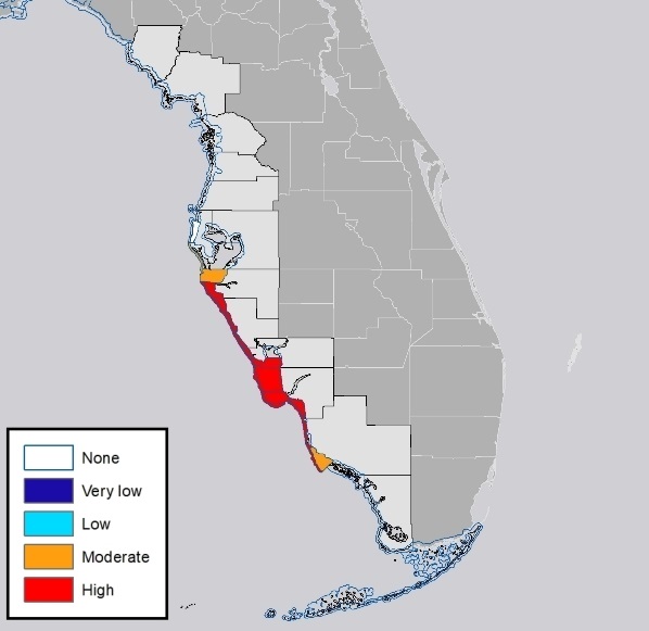 Map of the west and east coasts of Florida. Colors indicate the levels of the red tide infestations: red, high; orange, moderate; light blue, low; purple, very low; white, none.