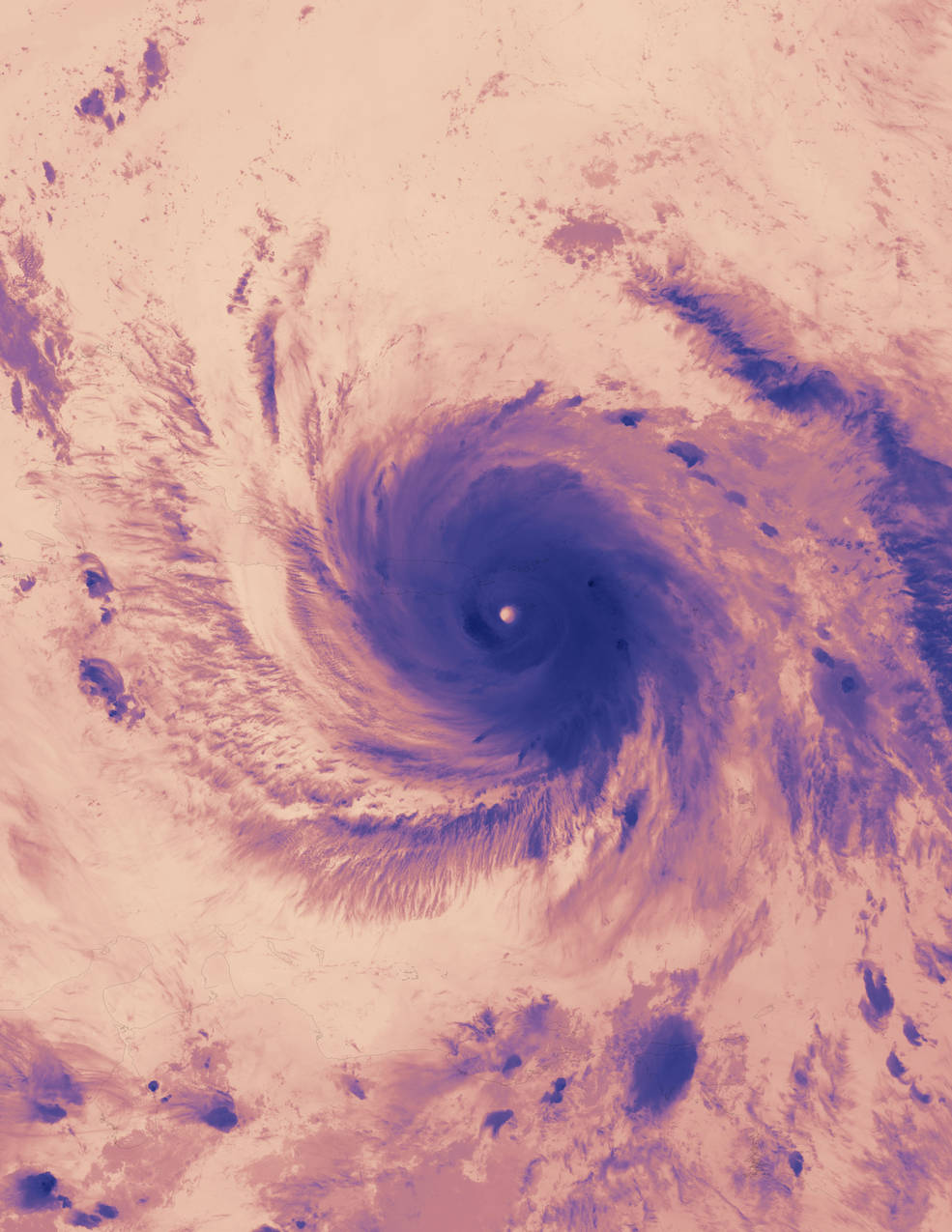 Satellite image showing the cloud tops of Hurricane Maria as well as a well-defined eye