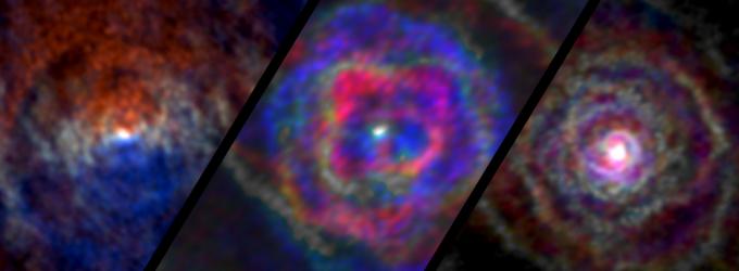 three colorful planetary nebulae, showing layers of stellar material