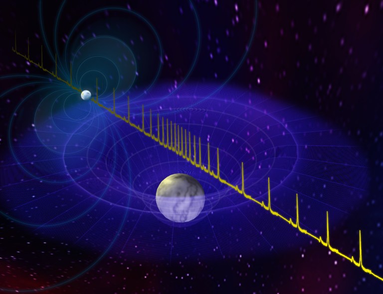 graphic of neutron star radio pulse warped by a white dwarf star en route to Earth
