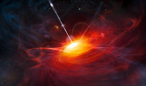 bright white center, currounded by progressively more ornage and red inswirling material, with a white beam launching into a starry background, overall depicting a quasar