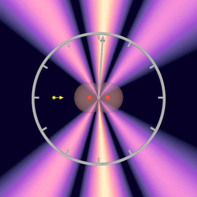 a round silver dial with an arrow, representing time, surrounding a gray pill-shaped area, representing a hydrogen molecule, with two red dots inside representing hydrogen nuclei, with a yellow dot and error at left representing a photon, and purple-white beams emanating from the hydrogen molecule representing radiation