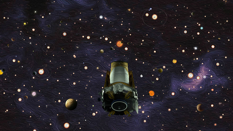 Illustration of Kepler in space with exoplanetary systems