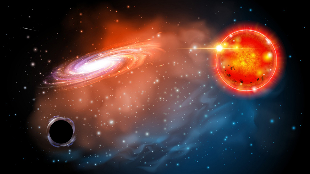 a black hole and a red giant star, with a background of other unrelated celestial objects