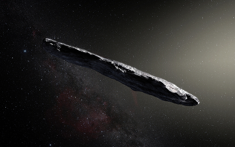 An artist's impression of the first interstellar asteroid, 'Oumuamua, showing its oblong shape. 