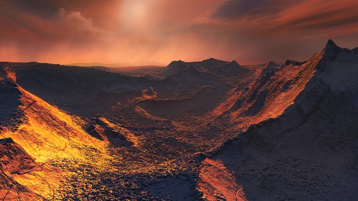 Theoretical planetary landscape of dry desert under a red sun