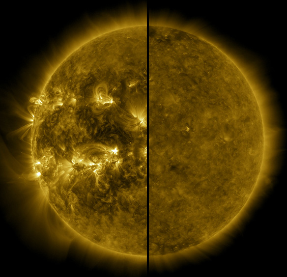 A complete disk of the Sun split into two images down the middle, with the left side showing right loops and a varied solar surface, and the right side showing a more uniform, inactive solar surface