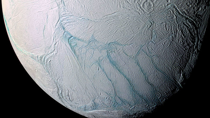 portion of the surface of Enceladus seen from orbit by the Cassini spacecraft, showing the region of the tiger stripe surface features