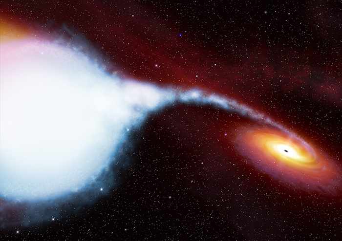 A black hole surrounded by an accretion disk, pulling matter off a companion star.