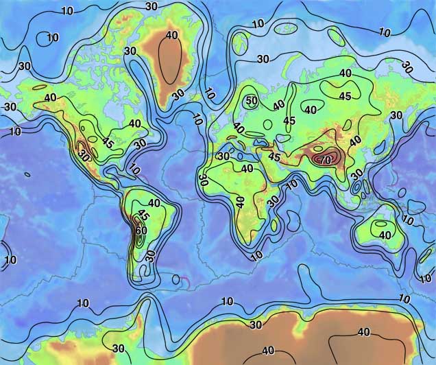 contour map of the thickness of the Earth’s crust