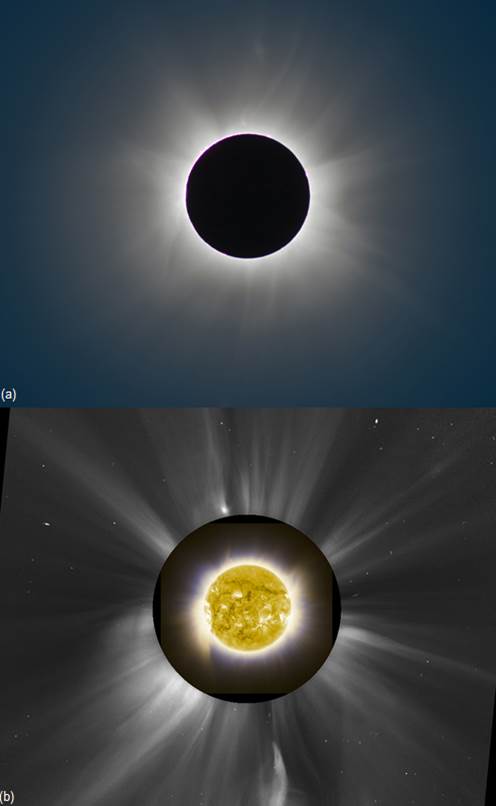 two stacked photos; the top photo is similar to the previous photo in that a bright ring encircles the Earth, but white rays are protruding from the ring; the bottom photo shows a textured yellow circle in the center of a dark ring; the yellow circle is outlined in a bright light, and the outside of the dark circle has white rays emanating from it; a few stars are visible in the dark background
