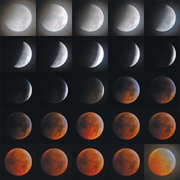 a 5 by 5 consolidated image showing 25 different images of the Sun during a total lunar eclipse