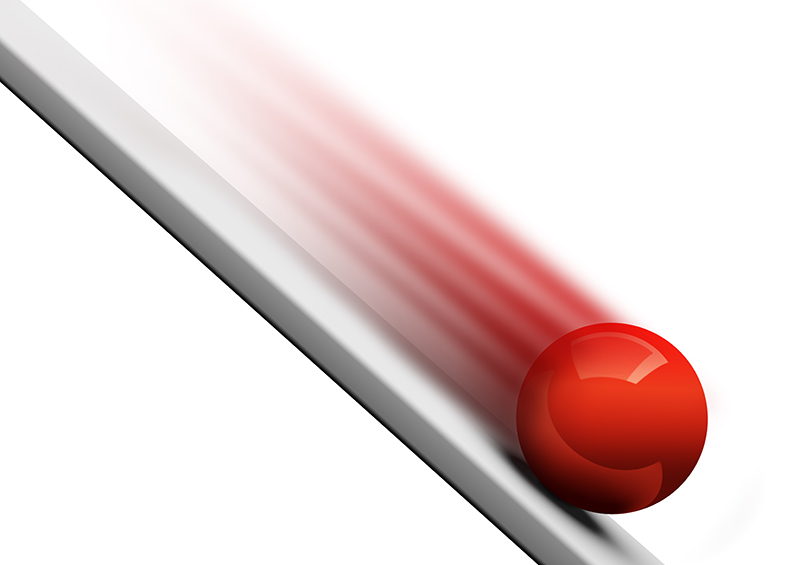 illustration of red ball rolling down silver-gray incline, sloped from top left down to lower right. 