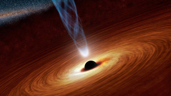 An artist's impression of a supermassive black hole in the heart of a galaxy. The black hole is surrounded by an accretion disk and is hurling out a relativistic jet of material, powering an active galactic nucleus