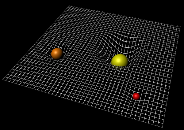 depiction of spacetime as a grid with differently massed objects