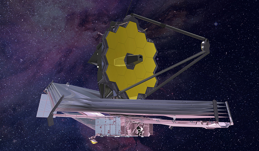 space telescope with golden primary mirror atop a kite-shaped sunshield and spacecraft bus with stars and the Milky Way in the background
