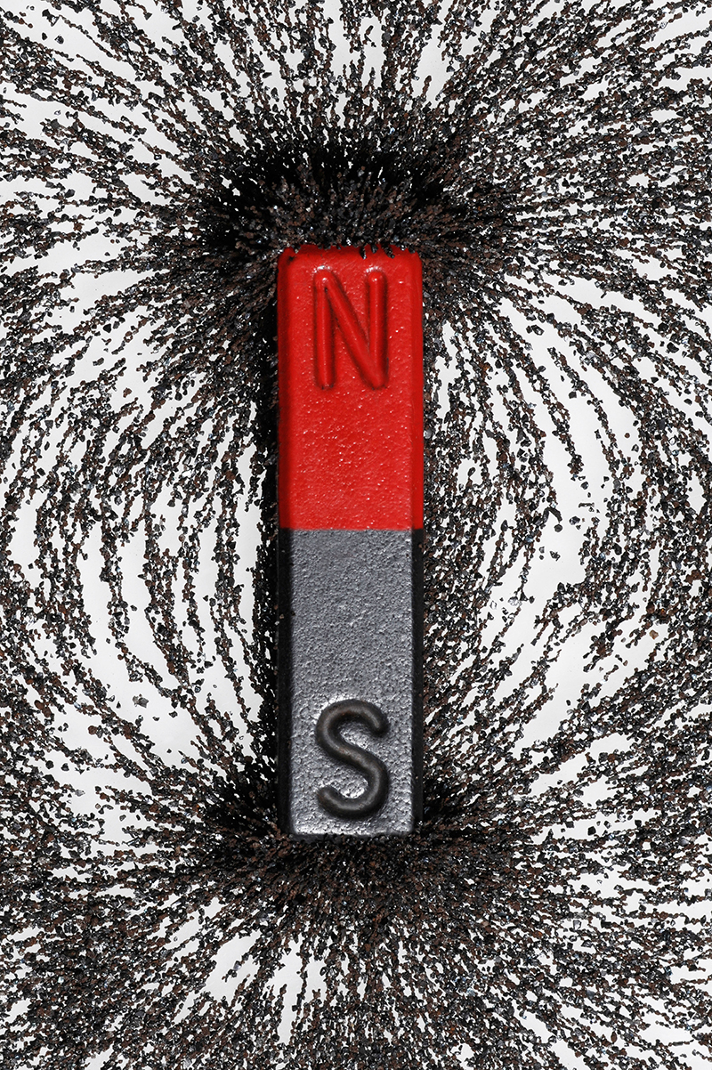 magnet surrounded by iron filings, with north pole at the top and south pole at the bottom, with filings following magnetic field lines