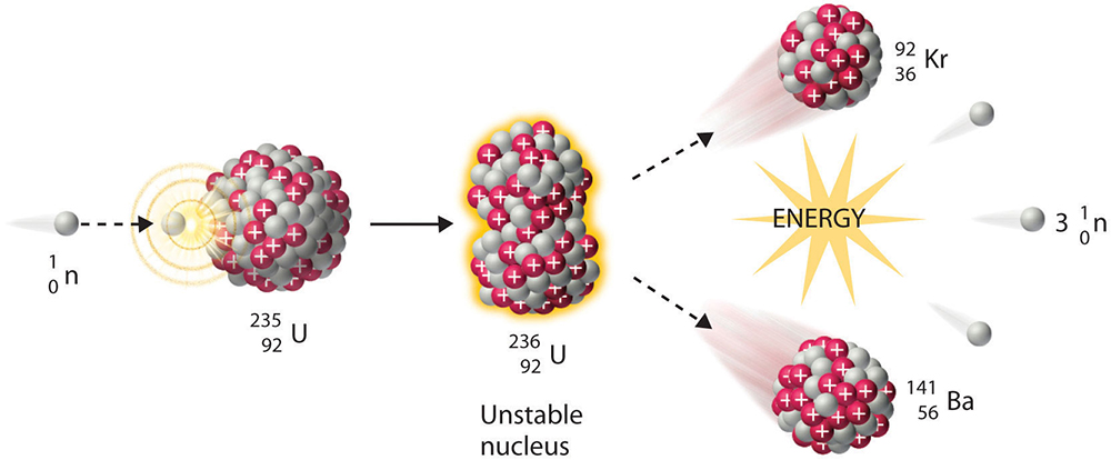 from left to right, illustration of the fission of a uranium nucleus