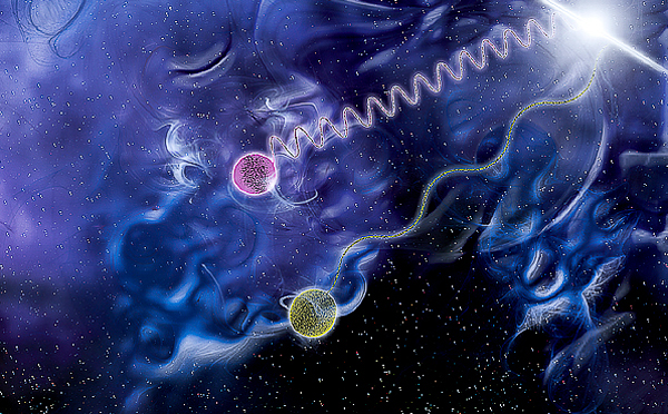 An artist's impression of two photons of different energies moving in parallel in space.