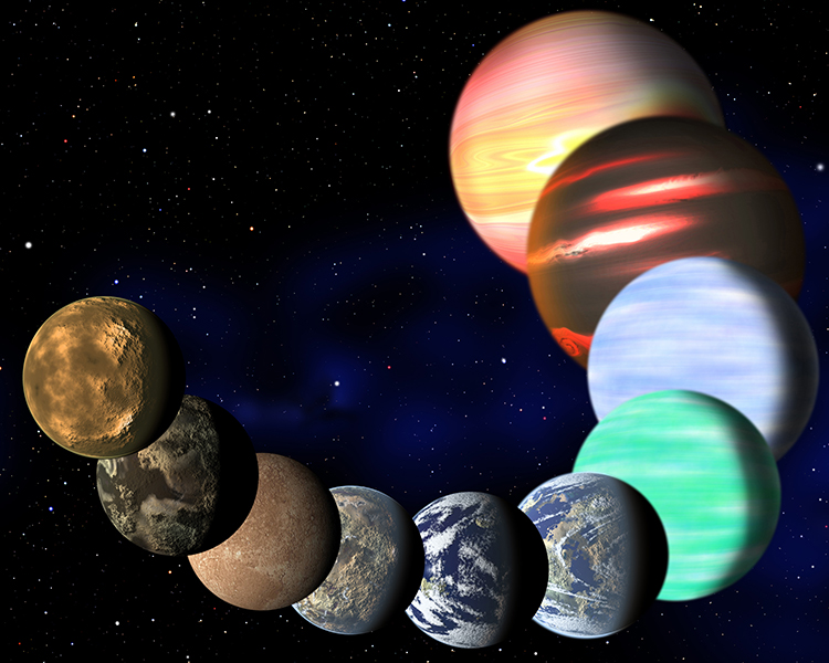 An artist’s impression of a mere sampling of the planetary diversity expected to exist in nature, from small, rocky worlds to giant, gaseous worlds. 