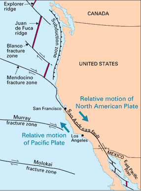 Map showing the San Andreas fault location and other tectonic features