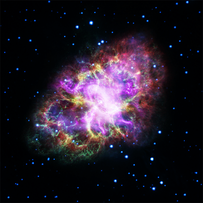 A multi-wavelength view of the Crab Nebula.