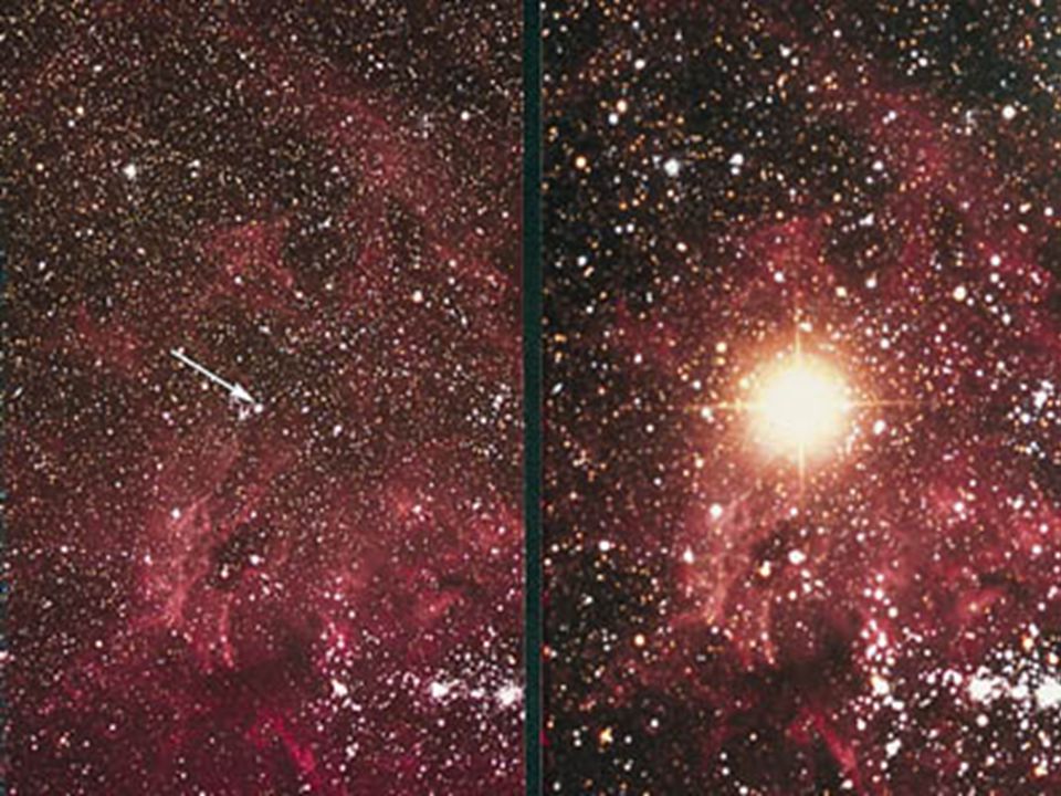 The supernova explosion of the star Sanduleak in 1987. At left, the star is unremarkable in a field of other sars with a reddish nebulosity in the background. At right, in place of the small star is a large, bright sphere of illumination, the visual aftermath of the star's explosion